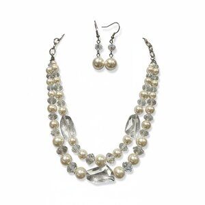 Two Layers Off White Glass Faux Pearl With Clear Glass Bead necklace Earring Set